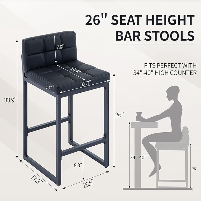 Bar Stools Set of 3, Upholstered Faux Leather Counter Height Barstools with Low Back and Thickened Metal Legs, Modern Bar Chairs for Kitchen Island, Bar, Counter (Black, 3Pcs 26" Bar Stools)