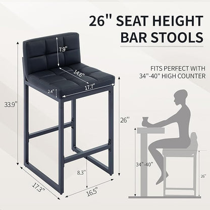 Counter Height Bar Stools Set of 2, Modern Faux Leather Counter Stools with Low Back and Footrest, Upholstered Bar Chairs for Kitchen Island, Bar, Counter (Black, 2Pcs 26" Bar Stools)