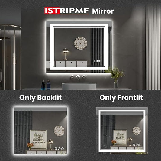 40 x 38 Inch LED Bathroom Mirror, Front Light and Backlit Anti-Fog Dimmable Memory Lighted Vanity Mirror, Shatterproof Wall-Mounted Led Mirror for Bathroom