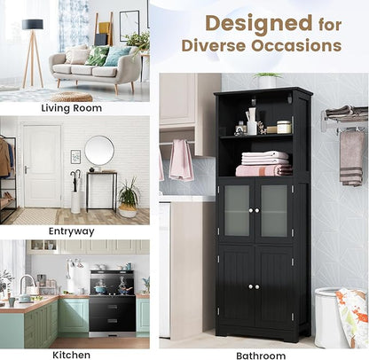 LOKO Tall Bathroom Cabinet, Modern Storage Organizer with Doors & Open Shelves, Wooden Floor Cabinet with Adjustable Shelves for Bathroom, Living Room or Kitchen (Black)