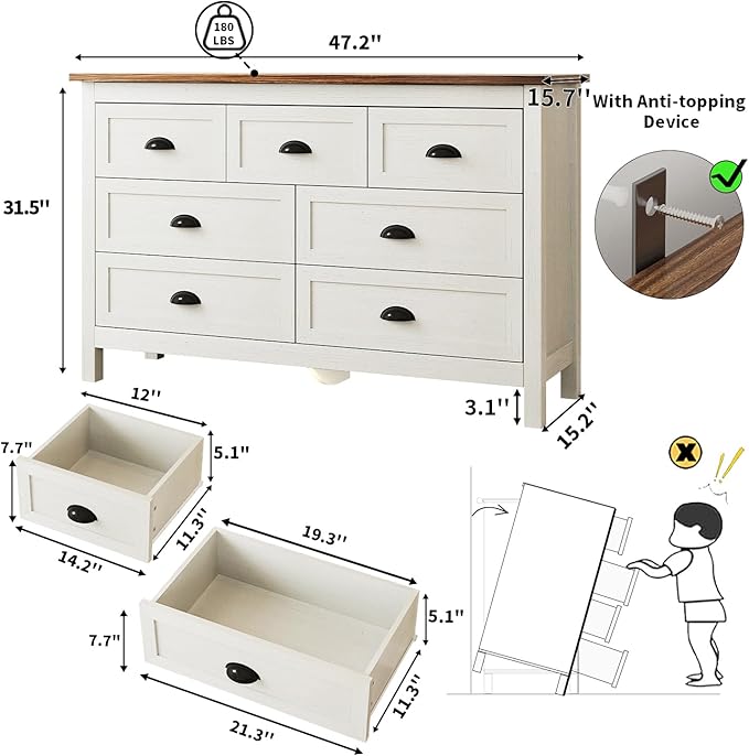 Farmhouse White Dresser for Bedroom, Wide Wood Dressers & Chests of Drawers with Vintage Black Handle, 7 Drawer Dresser for Bedroom Hallway, Entryway, Antique White