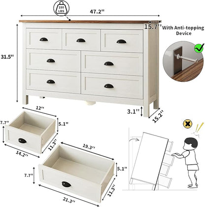 Farmhouse White Dresser for Bedroom, Wide Wood Dressers & Chests of Drawers with Vintage Black Handle, 7 Drawer Dresser for Bedroom Hallway, Entryway, Antique White