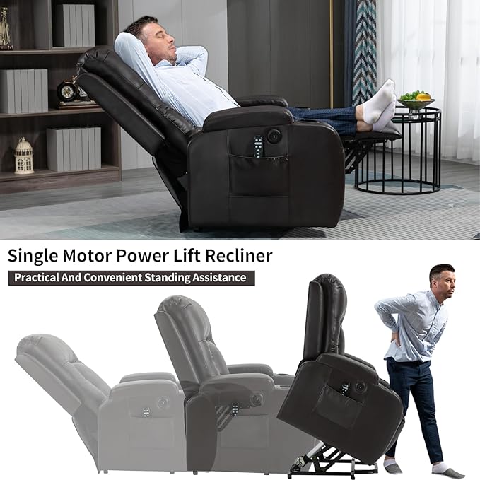 PELUMY Manual Lift Recliner Chair for Elderly with Massage & Heat, Oversized Heavy Duty 350 lbs Recliner with Cup Holders & USB Ports, Infinite Positioning Lift Chair (Breathable Leather, Dark Brown)