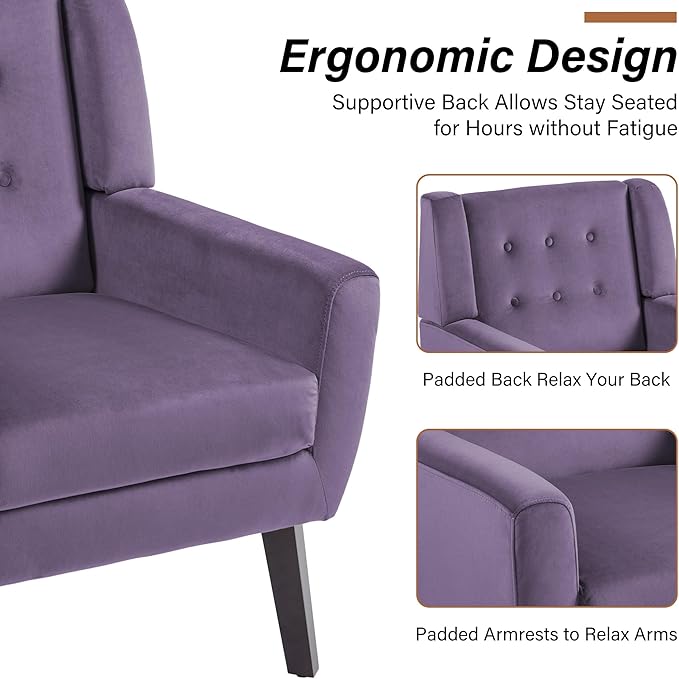 Lumibee Accent Chair, Modern Velevet Armchair for Living Room, Comfy Upholstered Arm Chair Tufted for Indoor Bedroom Office Room (Purple Velvet)