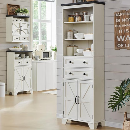 ACCOHOHO Farmhouse Tall Bathroom Storage Cabinet, 72" Storage Cabinet with 2 Drawers, Adjustable Shelves & Barn Door, Cabinet for Bathroom, Living Room, Kitchen, Off White