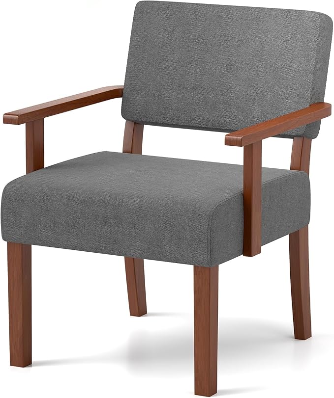 KOMFOTT Upholstered Accent Chair, Mid-Century Modern Armchair with Rubber Wood Frame, Linen Fabric Living Room Chair with Padded Seat & Backrest, Comfy Reading Chair for Bedroom, Waiting Room, Grey