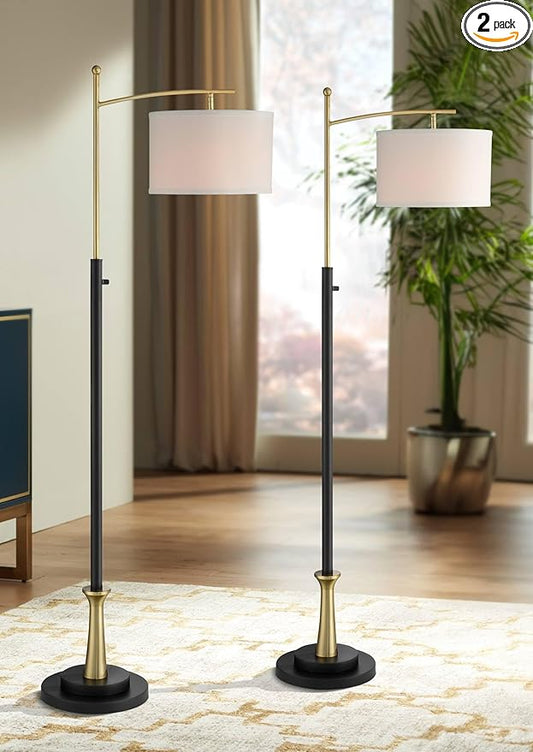 Possini Euro Design Burbank Modern 64" Tall Standing Floor Lamps Set of 2 Lights Task Downbridge Black Gold Metal Brass Finish Living Room Bedroom House Reading Office Home Decor White Shade
