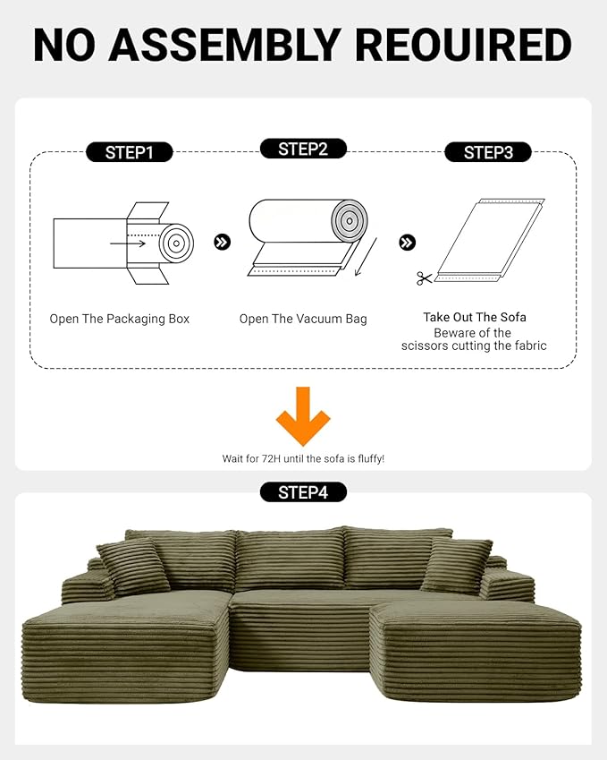 108 Inch Cloud Sectional Couch,Modern Modular Sectional Sofa with Deep Seat,Corduroy Boneless Couches with L-Shape Chaise for Living Room,No Assembly Required (Green, Left Facing Chaise + Ottoman)