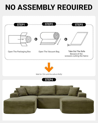 108 Inch Cloud Sectional Couch,Modern Modular Sectional Sofa with Deep Seat,Corduroy Boneless Couches with L-Shape Chaise for Living Room,No Assembly Required (Green, Left Facing Chaise + Ottoman)