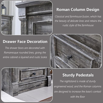 26" Tall Nightstand with Charging Station, Farmhouse 23.6" Wide Large End Table w/Roman Column, Wood Rustic Side Table w/Metal Handle, 3 Drawers Dresser for Bedroom, Living Room, Light Grey