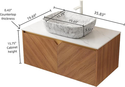 Floating Bathroom Vanity with Sink, 36 Inch Fluted Vanity with Vessel Sink, Modern Bathroom Vanity Cabinet with 2 Doors, Oval Marble Vessel Ceramic Sink & Sintered Stone Top, Oak