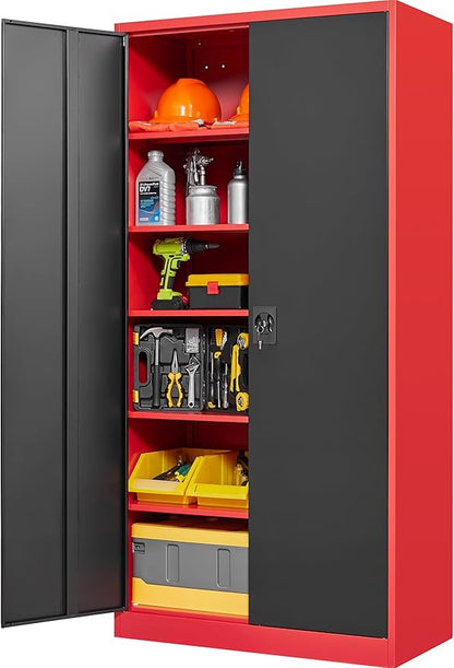 SISESOL Wide & Deep Metal Storage Cabinet with Lock & 5 Adjustable Shelves,72" Red Black Garage Storage Cabinet with Locking Doors,Lockable Cabinets for Home,Office,Shop,Garage,Basement 72x36x18