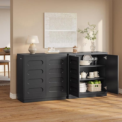 Buffet Cabinet Set of 2 with Storage, Arc Accent Sideboard with 2 Doors and Adjustable Shelves, Large Console Table for Dining Room, Kitchen, Living Room, Black
