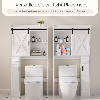 MU Over The Toilet Storage Cabinet with Doors, 32" Bathroom Storage Organizer with Side Shelves, Space-Saving Toilet Storage Rack for Bathroom, Laundry (Sliding Barn Door)