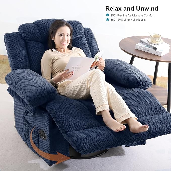 Recliner Chair Oversized 360° Swivel Rocker Recliners with Massage and Heating Theater Chairs Lounge Sofa Adults Lazy Sofas Single Couch for Living Room Overstuffed Armrests XL (Navy Blue)