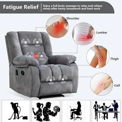 ANJHOME Massage Recliner Chairs with Heat and Vibration,Overstuffed Manual Rocking Reclining Chair for Living Room Bedroom (Light Grey)
