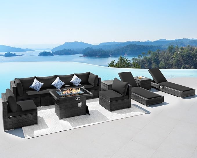 NICESOUL 11 Piece Outdoor Patio Conversation Set with Fire Pit Natural Gas/Propane, 29.3'' High Back Sectional Furniture w/Chaise Lounge, Deep Large Seating Sofa Couch, 2 Color Cushion Black & Gray