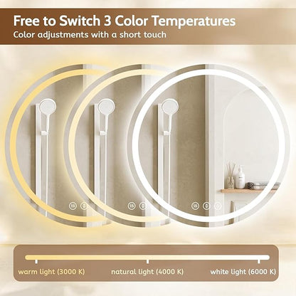 Round LED Bathroom Mirror with Lights, Backlit & Front Lighted, Wall-Mounted Vanity Mirror 3000K/4000K/6000K, Memory Functions, Anti-Fog, Dimmable Smart Mirror (Round 28" x 28")