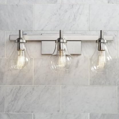 Possini Euro Design Danvers Modern Wall Mount Light Brushed Nickel Silver Hardwired 21" Wide 3-Light Fixture Clear Glass Globe Shade for Bathroom Vanity Mirror House Home Room Decor