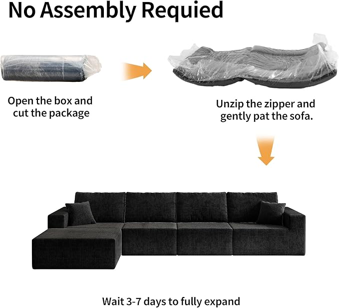 139" Boneless Cloud Sectional Couch for Living Room, Compressed Modular L-Shaped Sofa with Deep Seat, Frameless Corduroy Couch in Boxes, No Assembly Required 4-Seater (Right-Facing Chaise, Black)