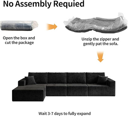 139" Boneless Cloud Sectional Couch for Living Room, Compressed Modular L-Shaped Sofa with Deep Seat, Frameless Corduroy Couch in Boxes, No Assembly Required 4-Seater (Right-Facing Chaise, Black)
