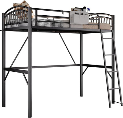 Metal Loft Bed Twin Size, Twin Loft Bed with Bedside Caddy, Convertible Ladder & Full-Length Guardrails, Space-Saving & Noise Free Design, No Box Spring Needed, Loftbed Frame for Teens Adults