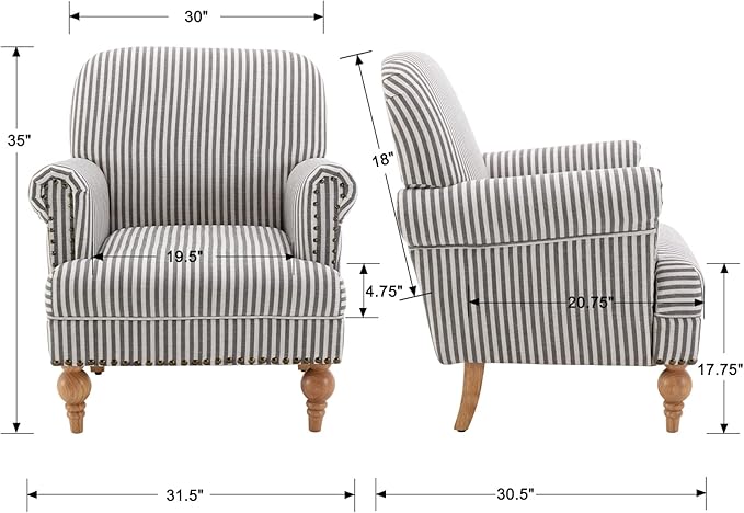 Midcentury Modern Accent Chair Comfy Linen Fabric Armchair Wide Reading Chairs Upholstered Lounge Couch Chair for Bedroom/Living Room, Black Stripe