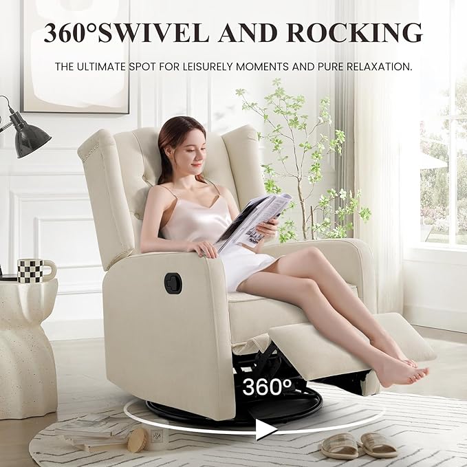360 Swivel Rocker Recliner Chair for Adults, Nursery Chair for Small Spaces Living Room, Upholstered Fabric Glider Recliner, Lvory