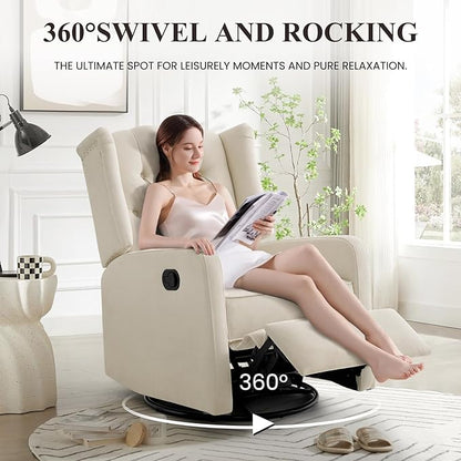 360 Swivel Rocker Recliner Chair for Adults, Nursery Chair for Small Spaces Living Room, Upholstered Fabric Glider Recliner, Lvory