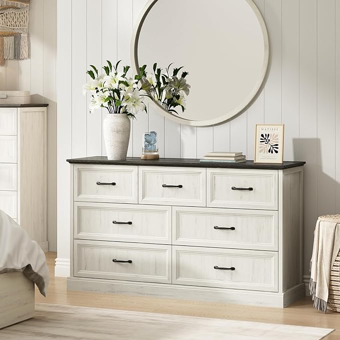 Farmhouse 7 Drawer Dresser for Bedroom, 55 Inch Wide Modern White Dresser TV Stand with Large Drawers & Bar Handles, Rustic Wood Chest of Drawers for Bedroom, Living Room