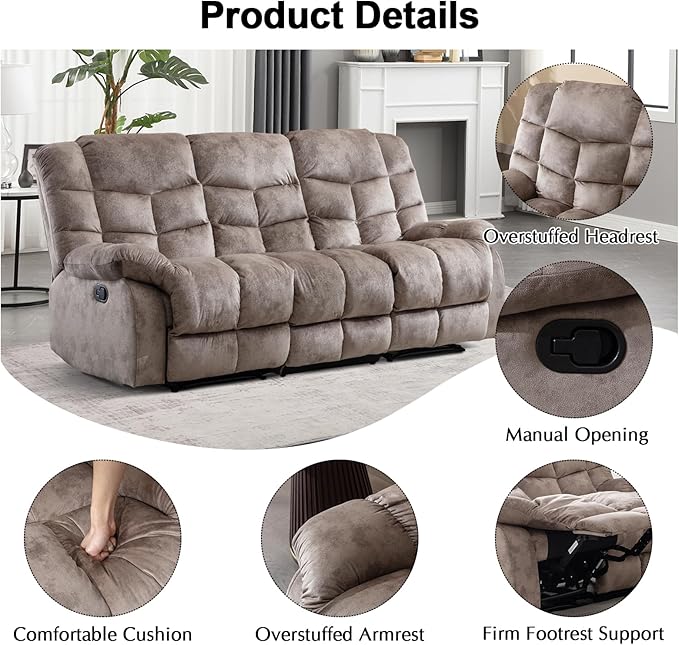CANMOV Manual Reclining Sofa, 3 Seat Recliner Sofa with Armrest and Overstuffed Backrest, Couch Set for Living Room, Bedroom, Office, Light Brown