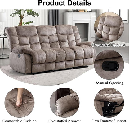 CANMOV Manual Reclining Sofa, 3 Seat Recliner Sofa with Armrest and Overstuffed Backrest, Couch Set for Living Room, Bedroom, Office, Light Brown