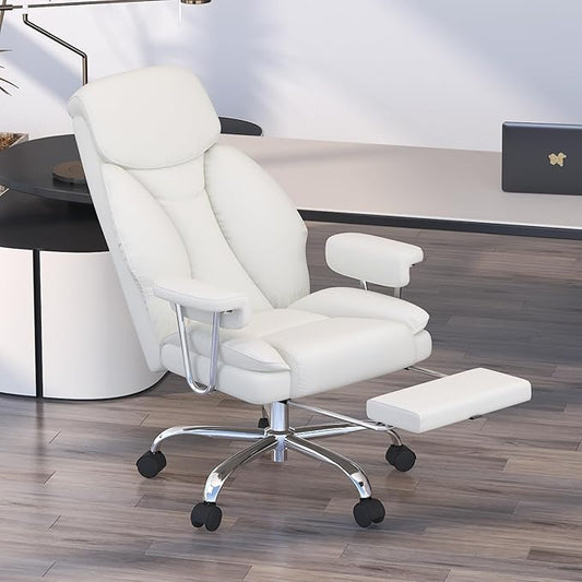 Big and Tall Office Chair, Executive Home Office Desk Chair, Comfy Leather High-Back Reclining Computer Chair with Retractable Footrest and Padded Arms, 360°Swivel Rolling Wheels, Wide Seat, White