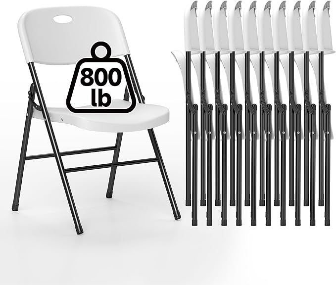 10 Pack Folding Chair, 800 Weight Limit Heavy Duty Plastic Folding Chair Portable Seating for Indoor Outdoor Events, Wedding, Party, Restaurant, Meeting Room White