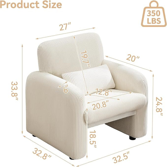 Corduroy Fabric Accent Chairs Set of 2, Modern Upholstered Living Room Chairs with Lumbar Pillow, Wide Comfy Leisure Armchair for Bedroom, Office, Reading, White
