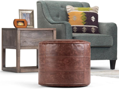 SIMPLIHOME Connor Boho Round Pouf in Distressed Brown Genuine Leather for the Living Room, Bedroom and Kids Room