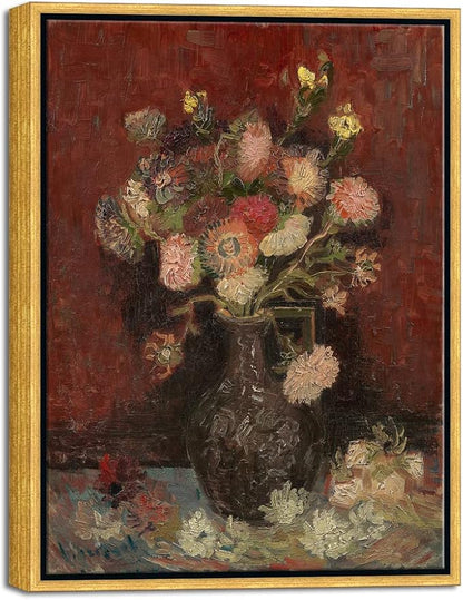 Wieco Art Framed Art Vase with Chinese Asters and Gladioli by Van Gogh Famous Oil Paintings Reproduction Abstract Canvas Prints for Home Decorations Bronze Gold Frame