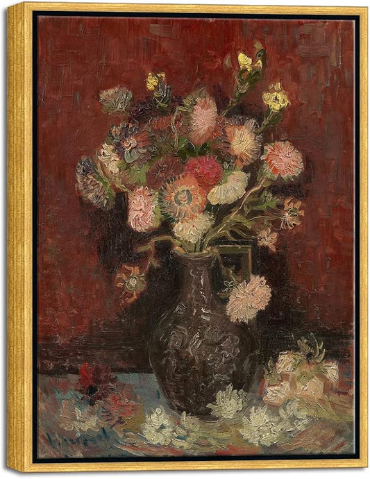 Wieco Art Framed Art Vase with Chinese Asters and Gladioli by Van Gogh Famous Oil Paintings Reproduction Abstract Canvas Prints for Home Decorations Bronze Gold Frame