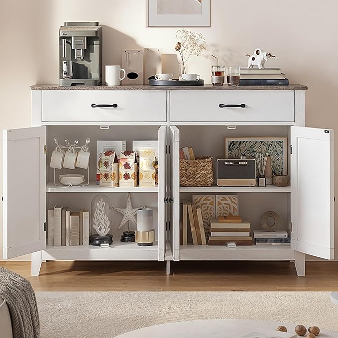 Gizoon 55" Buffet Cabinet, Sideboard Buffet Cabinet with Storage, Modern Coffee Bar with 2 Drawers and 4 Doors, Kitchen Pantry Storage, Wood Kitchen Sideboard Table, Adjustable Shelf, White/Grey