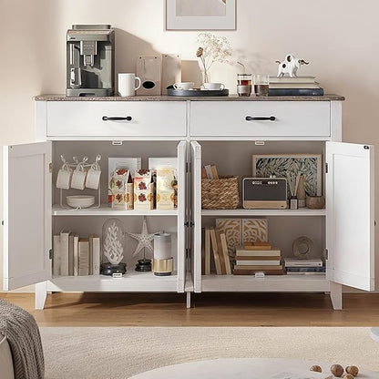 Gizoon 55" Buffet Cabinet, Sideboard Buffet Cabinet with Storage, Modern Coffee Bar with 2 Drawers and 4 Doors, Kitchen Pantry Storage, Wood Kitchen Sideboard Table, Adjustable Shelf, White/Grey