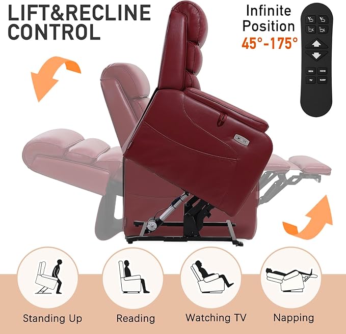 EONIX Dual Motor Lay Flat Power Lift Recliner Chair for Elderly, Breathable Faux Leather Electric Lift Chairs for Adults, 400lbs Heavy Duty Power Recliner with Heat and Massage, SLRY003061, Burgundy