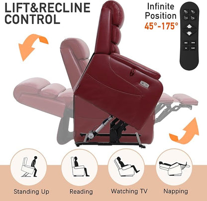 EONIX Dual Motor Lay Flat Power Lift Recliner Chair for Elderly, Breathable Faux Leather Electric Lift Chairs for Adults, 400lbs Heavy Duty Power Recliner with Heat and Massage, SLRY003061, Burgundy