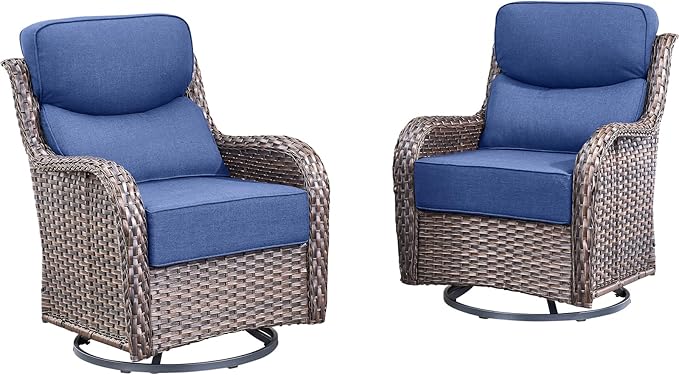 Rilyson Outdoor Patio Swivel Rocker Chairs Set of 2, Waterproof Wicker, High Back, Deep Seating, Wide Armrest, Upgraded 6 inch Thick Cushions, Ideal for Deck Porch Backyard, Brown/Blue