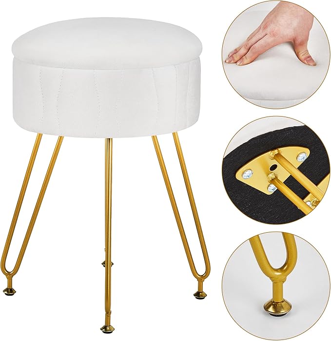 VECELO Vanity Stool with Storage, Velvet Chair for Vanity, Strong Metal Legs, Anti-Slip Feet, Padded Seat for Make Up, Bedroom, Living Room, Entryway, White