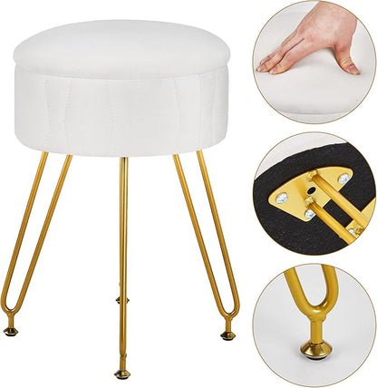 VECELO Vanity Stool with Storage, Velvet Chair for Vanity, Strong Metal Legs, Anti-Slip Feet, Padded Seat for Make Up, Bedroom, Living Room, Entryway, White