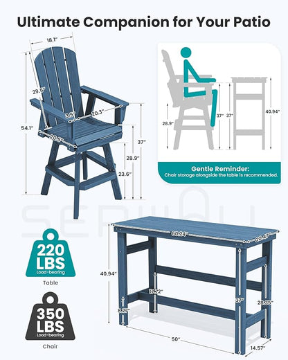 SERWALL 10-Piece Swivel Adirondack Bar Set, HDPE Swivel Bar Height Chairs Set of 8 with 2 Bar Tables, All-Weather Outdoor Barstools for Patio, Poolside, Garden, Blue