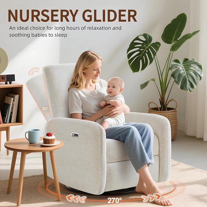 Power Recliner Chair, Swivel Rocker Recliner with USB A/C Charging Ports & Smooth Swivel Motion, Chenille Upholstered Rocking Chair for Nursery,Living Room, Bedroom, Set of 2, Cream