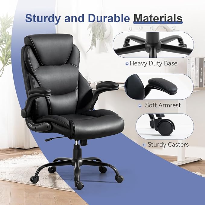 Brage Living 400LBS Big and Tall Office Chair, Leather Executive Desk Chair with Padded Flip-up Arms, Heavy Duty Swivel Rolling Computer Chair for Home Office, Black
