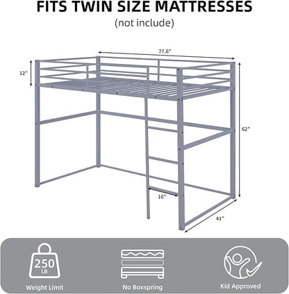 Metal Loft Bed Twin Size, Loft Bed Frame with Safety Guard Rails & Flat Ladder, Twin Loft Bed for Kids Teens Adults