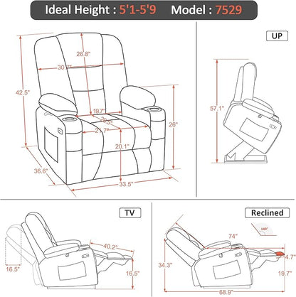 MCombo Power Lift Recliner Chair with Massage and Heat for Elderly People, Cup Holders, USB Ports, Side Pockets, Fabric 7529 (Medium, Grey)